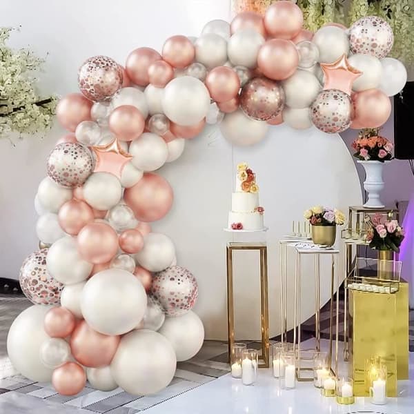 Bröllopsballongbågesats - Vit roséguld - 85 delar - Klassisk ballong - Helium