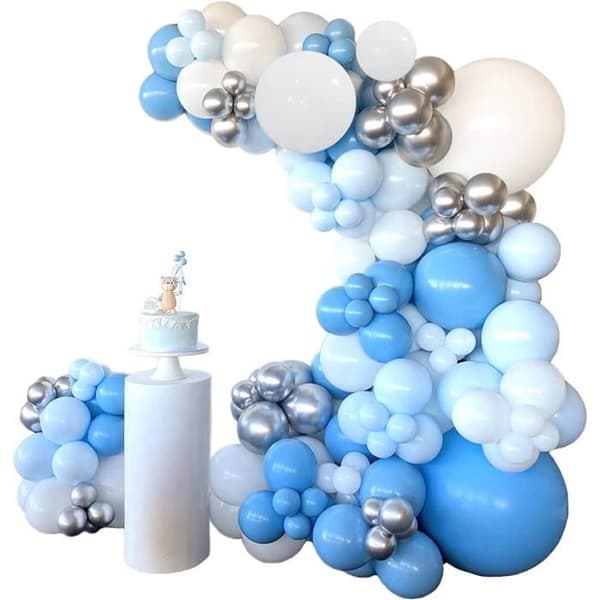 Ljusblå vit silver ballonggirland för barn Pojkar Födelsedag Baby Shower Bröllopsdop dekoration