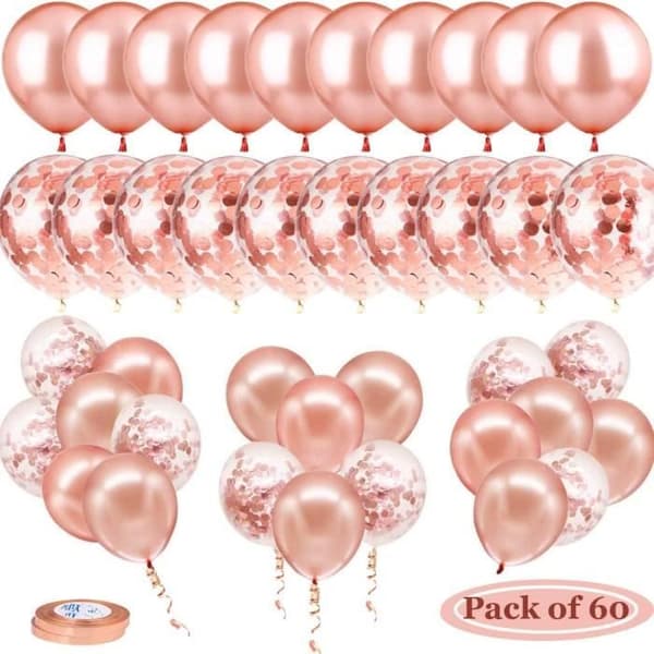 Roseguldballong, födelsedagsballong 60 delar innehåller 30 roséguldballonger och 30 konfettiballonger och 2 remsor