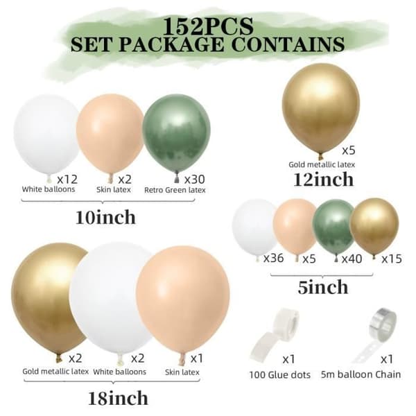 Ballonggirlandsats - Ej specificerat - Olivgrön - 152 ballonger - Tjock latex - Festdekoration
