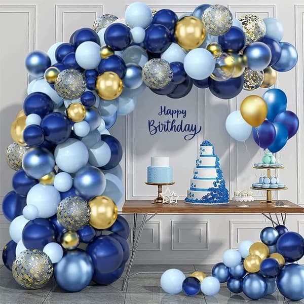 Marinblå ballongbåge - 133 blå och guld födelsedagsballongbåge med guldkonfetti, blå och guld ballonggirlandskit för