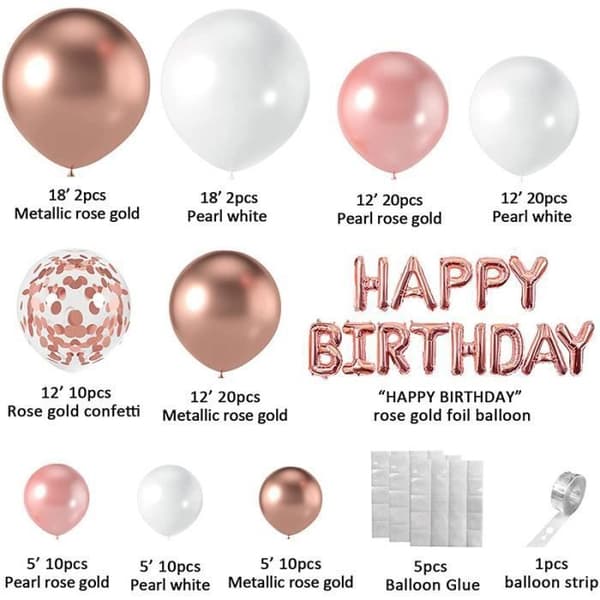 Födelsedagsdekorationsballonger i roséguld, 124 st ballongbågegirlander med roséguld och vit konfettiballong