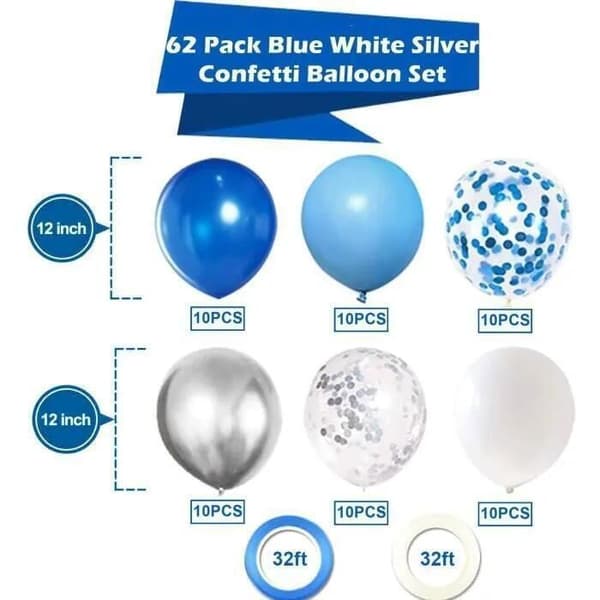 Blåvita ballonger - 62 delar 12 tum för födelsedagsdekorationer, pojkdop, jul, bröllop