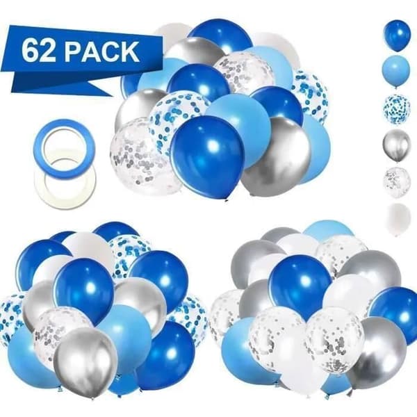Blåvita ballonger - 62 delar 12 tum för födelsedagsdekorationer, pojkdop, jul, bröllop