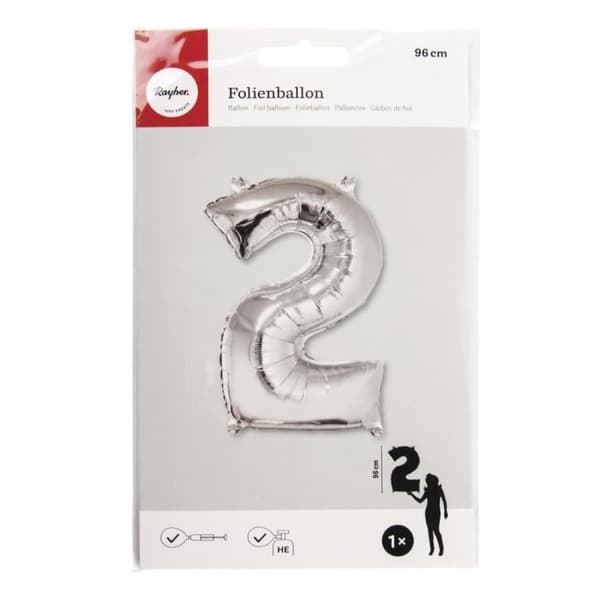 Nummer "2" ballong, silver, 96cm, tab-bag 1st.