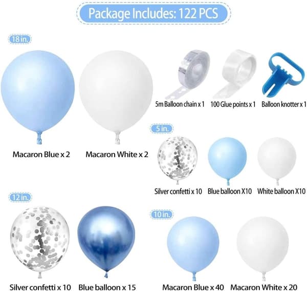 Ballongbåge Blå/Vit/latex blå/ Silver Confetti
