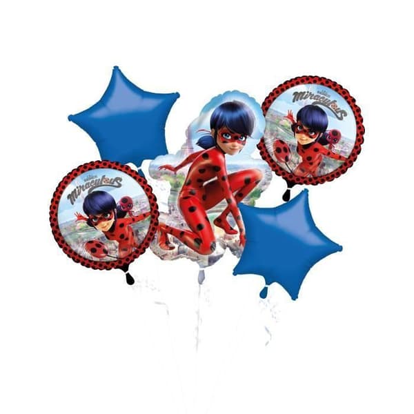 Ballongbukett - Miraculous - Ladybug - 5 aluminiumballonger - Födelsedag - Flicka