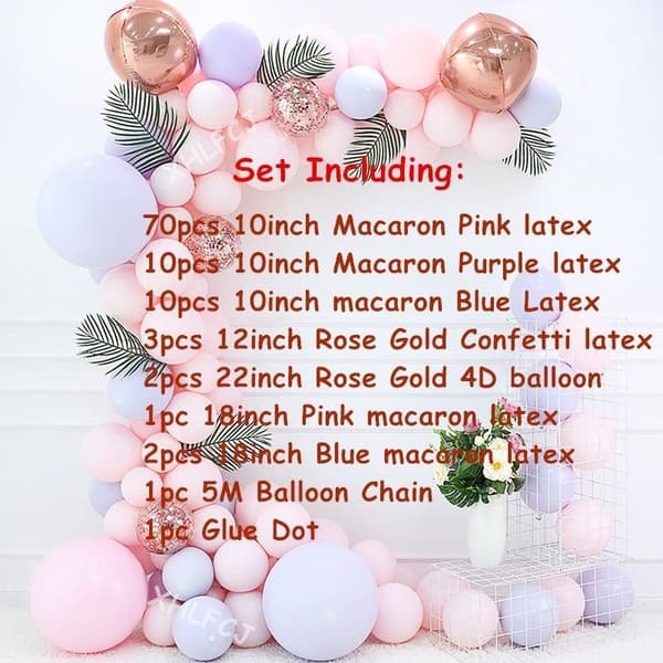 Stor Latex Ballongbåge - Rosa/Lila/Blå/konfetti 4D roseguld med Palmblad 106st