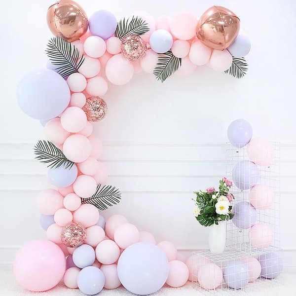 Stor Latex Ballongbåge - Rosa/Lila/Blå/konfetti 4D roseguld med Palmblad 106st