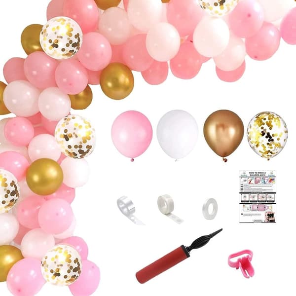 Ballongbåge Rosaguld | 77 st Rosa, Guld Konfetti &amp; Vit Latex Ballonger