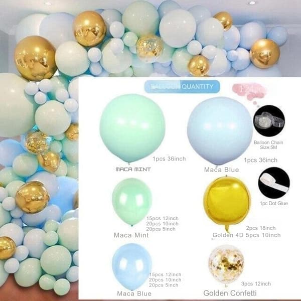 Stor Ballongbåge Mintgrön & Blå | 124 st med 7st Guld 4D stor Ballonger