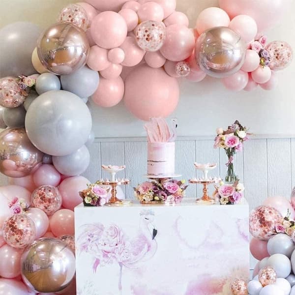 Ballongbåge Rosa &amp; Grå | 170 st med 4D RoseGuld Folie Ballonger