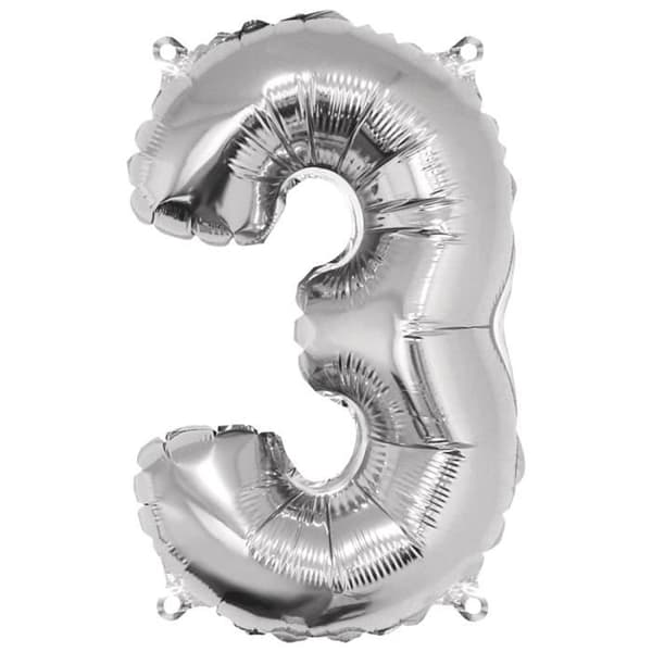 Nummer "3" ballong, silver, 40cm, tab-bag 1st. - {färg}