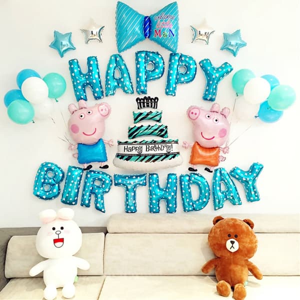 TD® Kit dekoration grattis på födelsedagen peppa gris bakelse tårta 1 år flicka pojke baby fest blå banner grattis ballonger