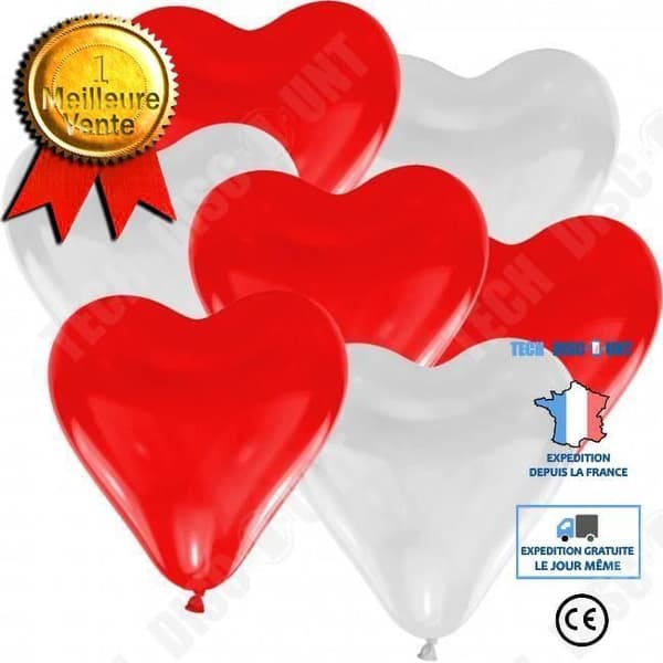 TD® Set med 50 vita och röda hjärtformade ballonger - Naturliga latexballonger - 30 cm bröllopsdekoration