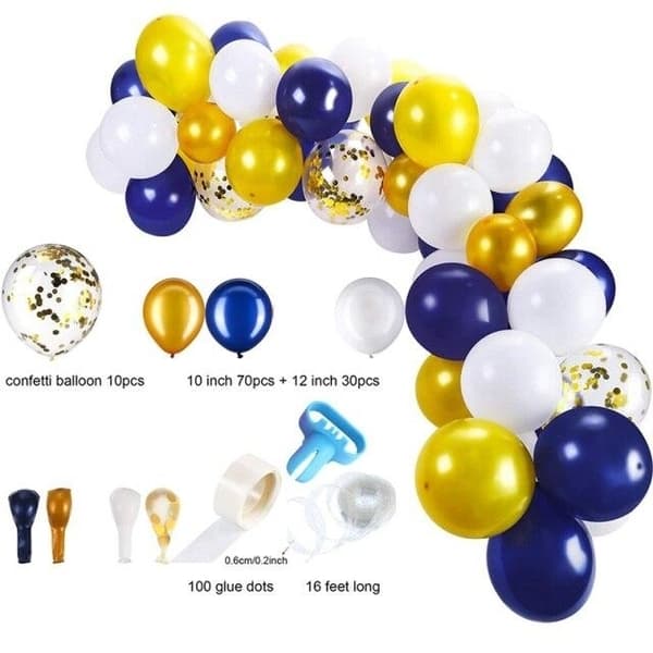 Ballongbåge 100st - Vit/Blå/Guld