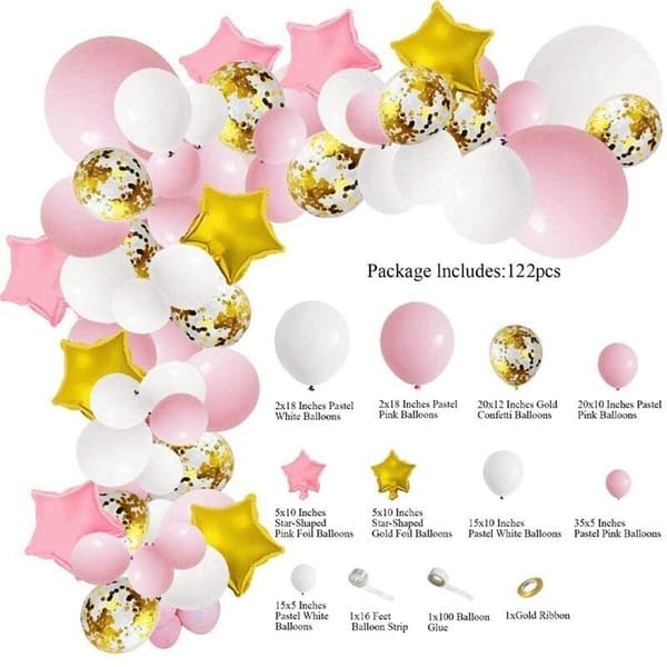 Ballongbåge - Pastell Rosa/Vit/Guld med 4D Stjärna folieballong