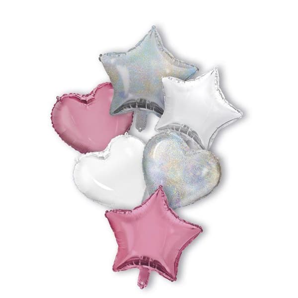 Bukett med 6 silverrosa ballonger med hjärtan och stjärnor 6 X 1,5 m - Rosa