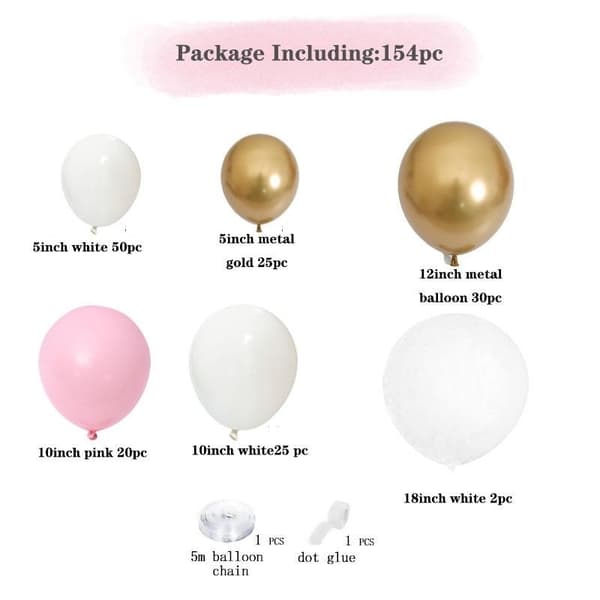 Ballongbåge - Vit/Metallisk Guld/Rosa 152st Starka Ballonger