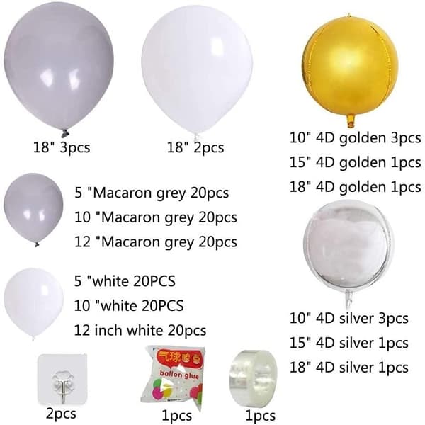 Ballongbåge - Vit/Grå/Guld Starka Ballonger