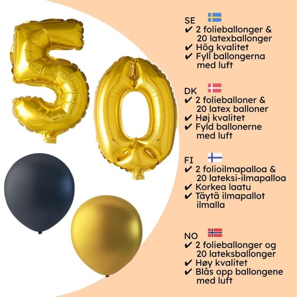 50-års Födelsedag Ballonger - Guld & Svart - Dekoration för Fest, Kalas & Jubileum