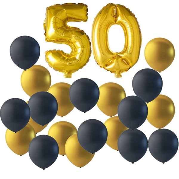 50-års Födelsedag Ballonger - Guld & Svart - Dekoration för Fest, Kalas & Jubileum