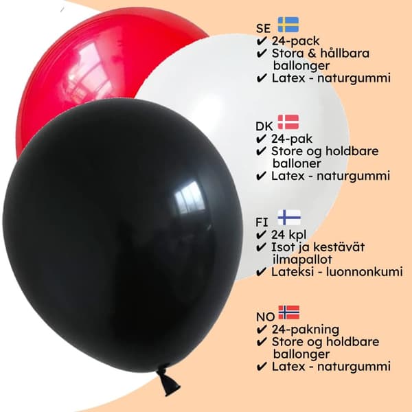Ballonger Röd Vit Svart Latex 24-pack - Röda Vita Svarta Ballonger Mix Storpack Festdekor Dekorationer Ballongkombo 3 Färger Födelsedag Bröllop