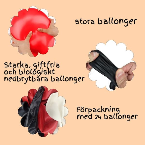 Ballonger Röd Vit Svart Latex 24-pack - Röda Vita Svarta Ballonger Mix Storpack Festdekor Dekorationer Ballongkombo 3 Färger Födelsedag Bröllop
