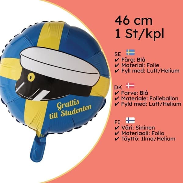 Folieballong för Examensfest - Student 46cm Gul & Blå,  för Helium eller Luft, Självförslutande för Studenten Firande, Examen