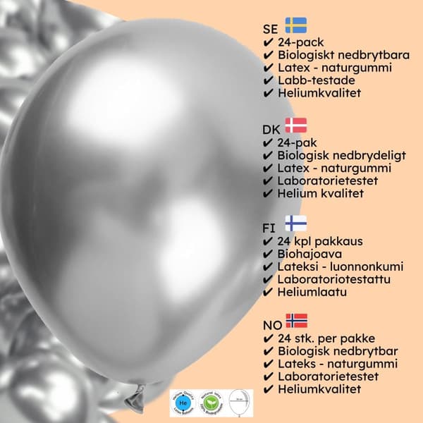 Ballonger Silver Chrome Latex - 24-pack Krom Ballonger Födelsedag fest Examen Babyshower Kromsilverballonger Silverballonger Disco Metalliskt