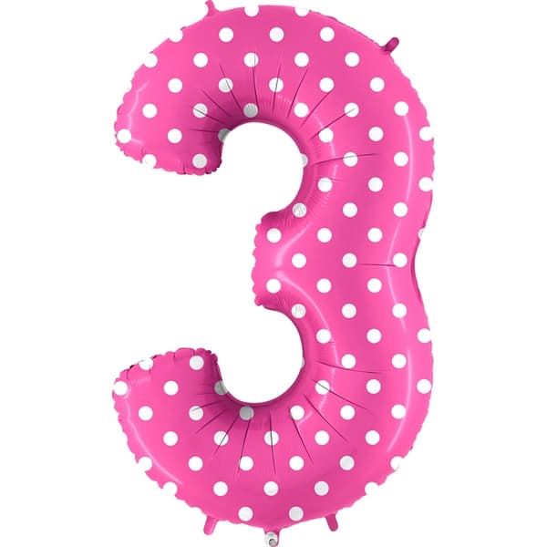 Numeroilmapallo Polka Dot Pink, 3, 100 cm - Ilmapallokuninkaat