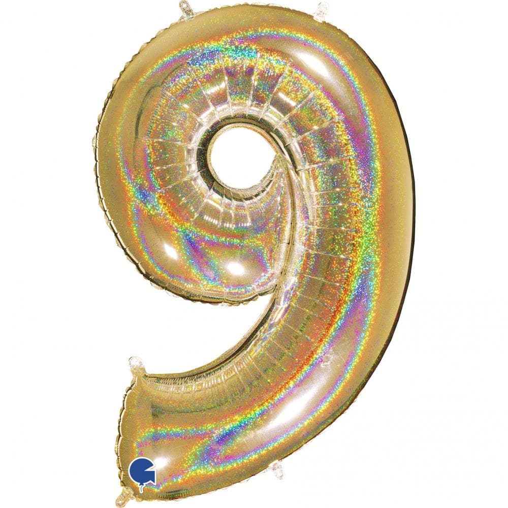 Stor Sifferballong i Folie 9, Glitter Guld