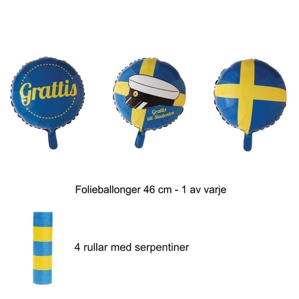 Studenten Dekorationspaket XL Gul & Blå Heliumballonger, Folieballonger, Konfetti, Serpentiner & Vimpelgirlang för Examen