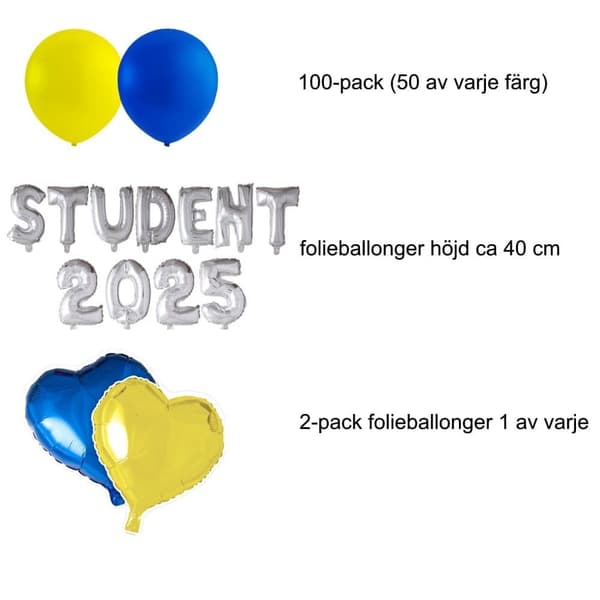 Studenten Dekorationspaket XL Gul & Blå Heliumballonger, Folieballonger, Konfetti, Serpentiner & Vimpelgirlang för Examen