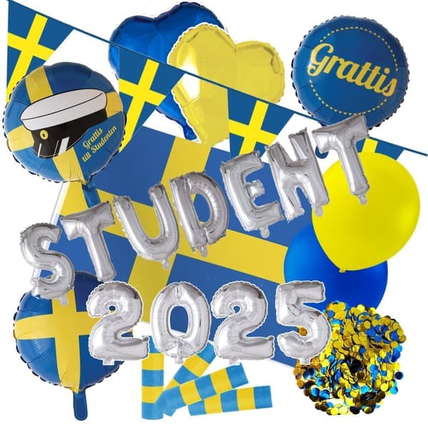 Studenten Dekorationspaket XL Gul & Blå Heliumballonger, Folieballonger, Konfetti, Serpentiner & Vimpelgirlang för Examen
