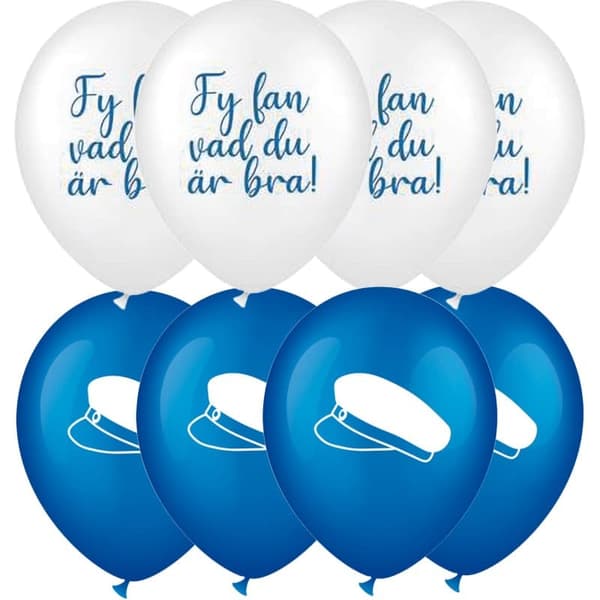 Studentballonger 8-Pack Blå & Vita Latex med Studentmössa Tryck 30 cm Fyll med Helium eller Luft för Examensfest & Mottagning