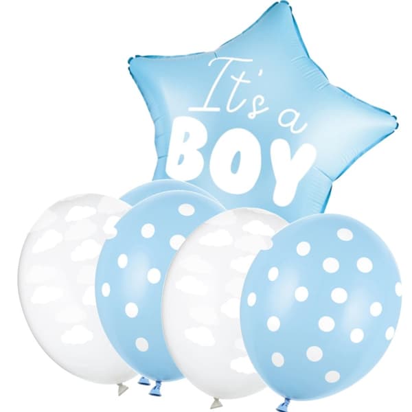 It's a Boy Babyshower Ballongset - Folie & Latex, Blå Vit, Molntryck, Helium-kompatibla, Dekor för Gender Reveal Pojke