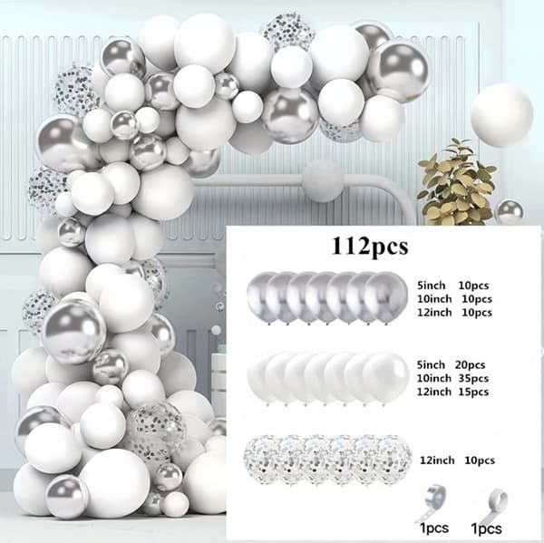 Silvervit ballonggirlang med 112 ballongtejp
