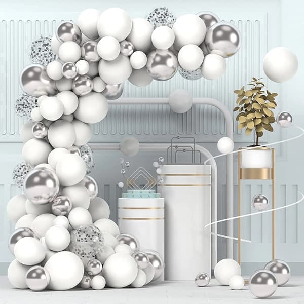 Silvervit ballonggirlang med 112 ballongtejp