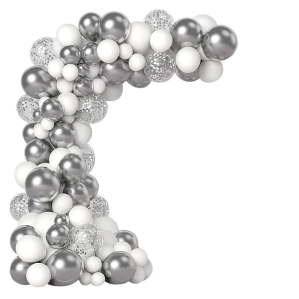 Silvervit ballonggirlang med 112 ballongtejp