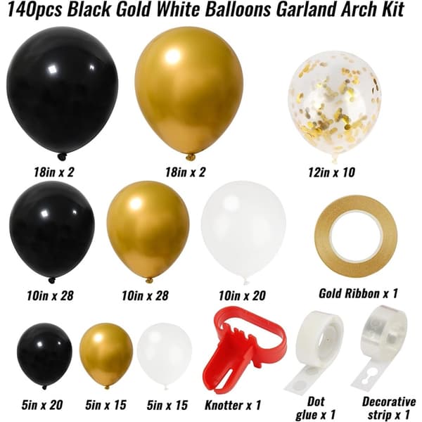 Ballongirlande guld sort og hvid sæt med 144 balloner tape