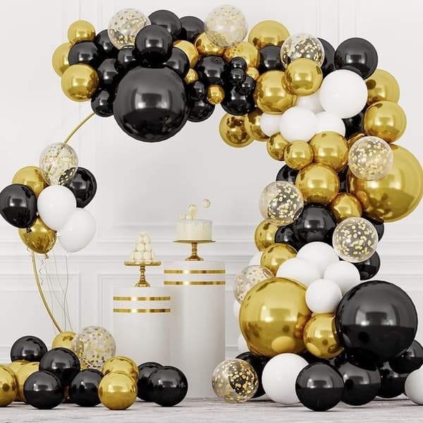 Ballongirlande guld sort og hvid sæt med 144 balloner tape