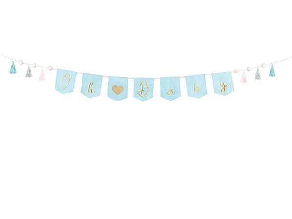Oh baby-banderoll med fransar, blå, 2,5 m (1 kartong / 40 st.)