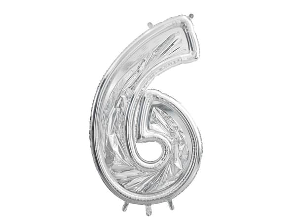 Formnummer "6" för latexballonger, 126 cm, glänsande silver