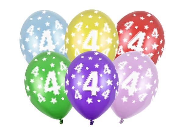 Ballonger 30 cm, 4-årsdag, metallmix (1 förpackning / 6 st)