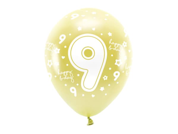 Ekoballonger 33 cm, siffran ''9'', ljusguld (1 förpackning / 6 st.)