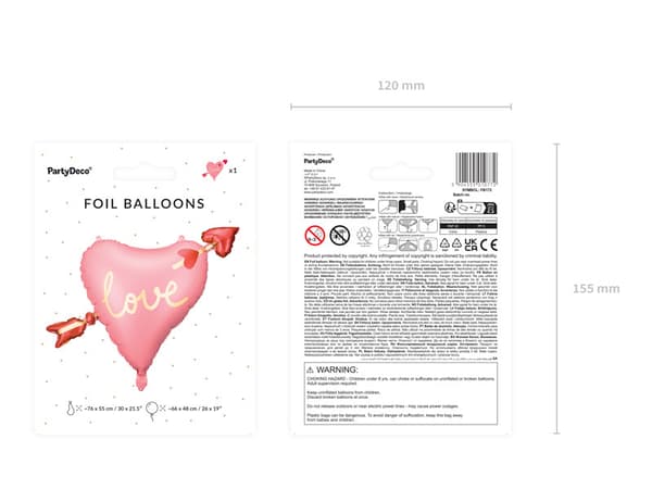 Folieballon med hjerte og pil, 76x55 cm (1 karton / 50 stk.)