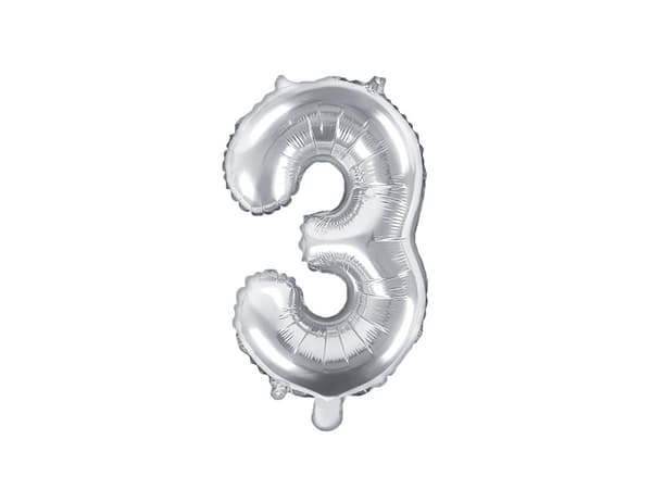 Folieballon med tallet ''3'', 35 cm, sølv