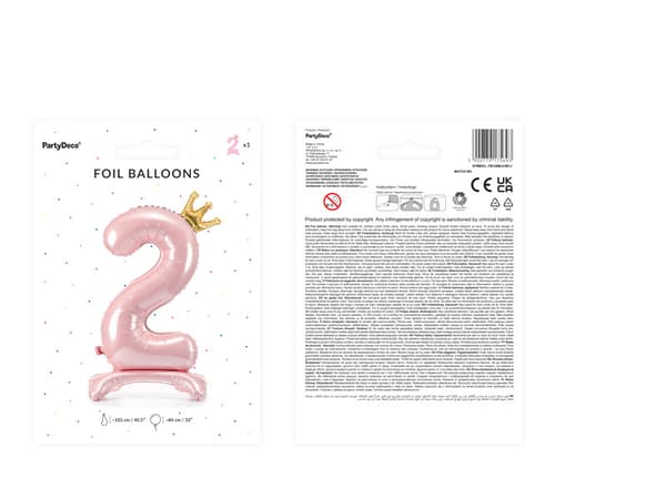 Stående folieballon nummer "2", 84 cm, lyserød