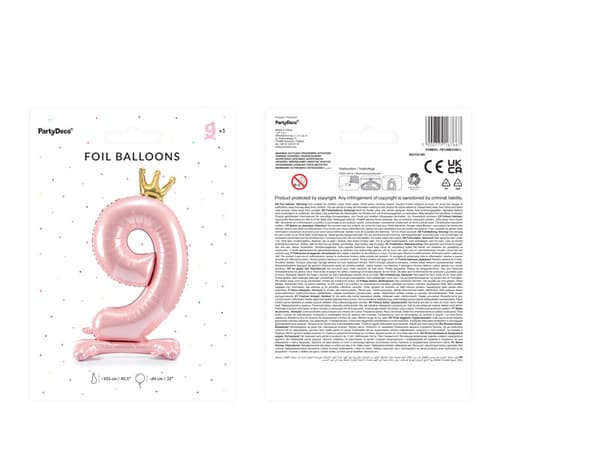 Stående folieballong nummer "9", 84 cm, ljusrosa